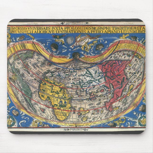 Antik hjärtformad världskarta av Peter Apian 1520 Musmatta (Framsidan)