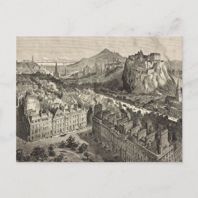 Antik illustrerad karta över Edinburgh Skottland ( Vykort (Framsida)