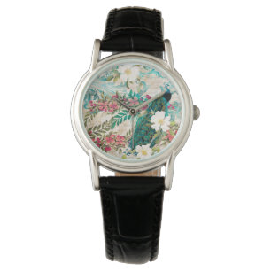 Antik illustrerad påfågel & blommor armbandsur