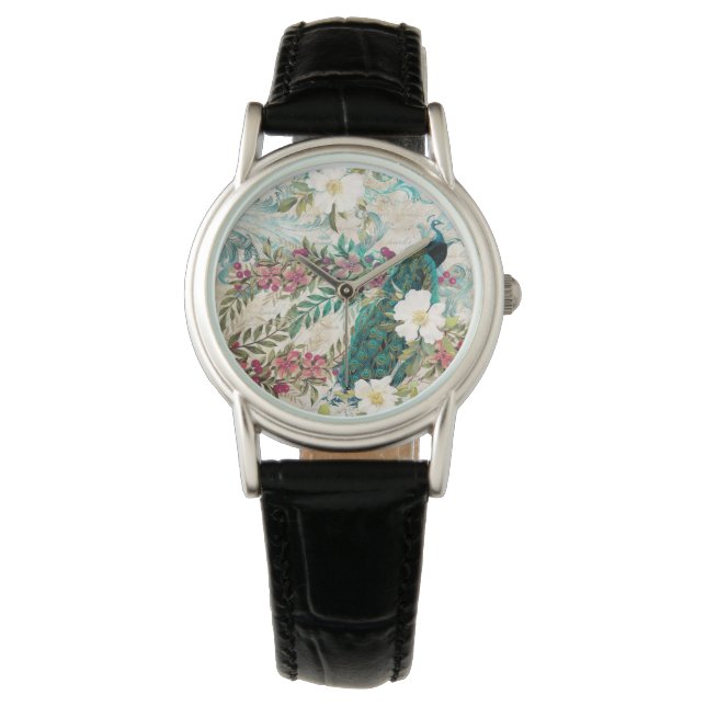 Antik illustrerad påfågel & blommor armbandsur (Framsida)