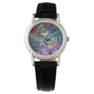 Antik illustrerad påfågel & blommor Grunge Armbandsur