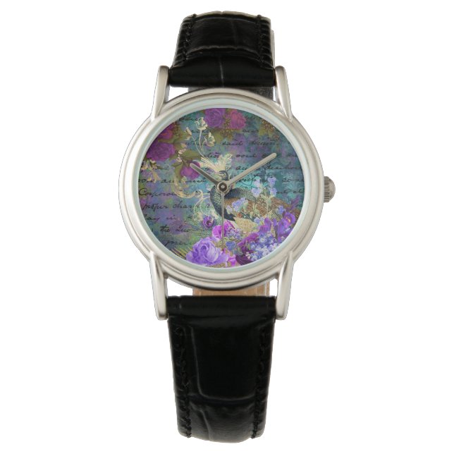 Antik illustrerad påfågel & blommor Grunge Armbandsur (Framsida)