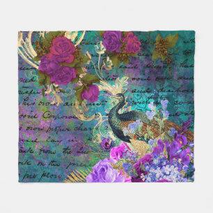 Antik illustrerad påfågel & blommor Grunge Fleecefilt