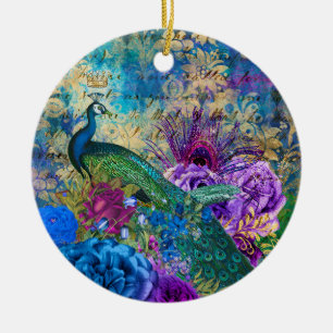 Antik illustrerad påfågel & blommor Grunge Julgransprydnad Keramik
