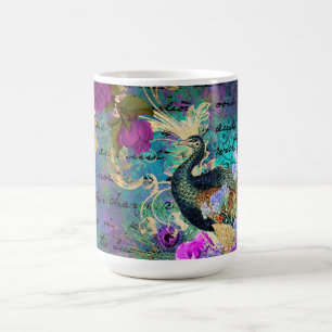 Antik illustrerad påfågel & blommor Grunge Kaffemugg