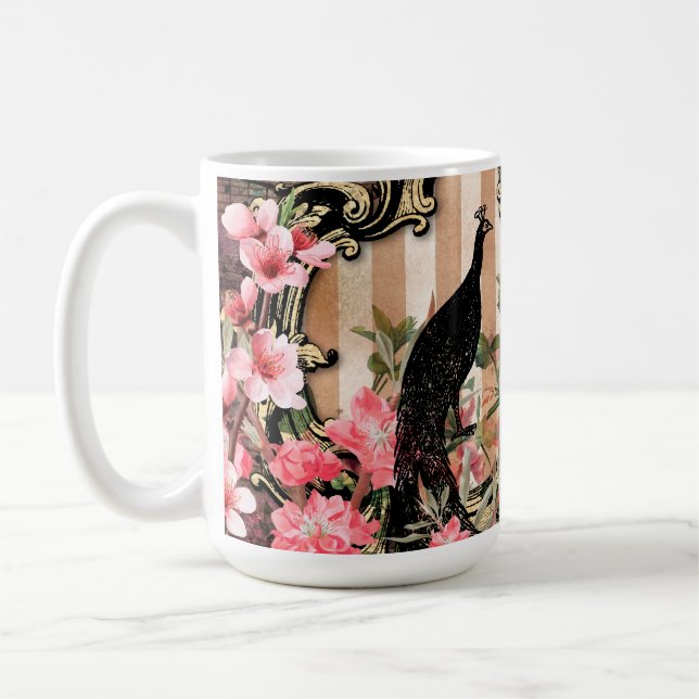 Antik illustrerad påfågel & blommor Grunge Kaffemugg (Vänster)