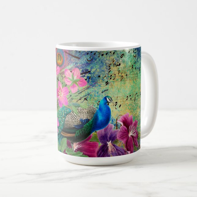 Antik illustrerad påfågel & blommor Grunge Kaffemugg (Framsida höger)