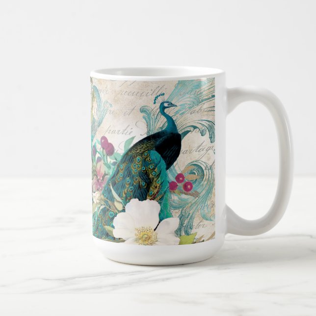 Antik illustrerad påfågel & blommor Grunge Kaffemugg (Höger)