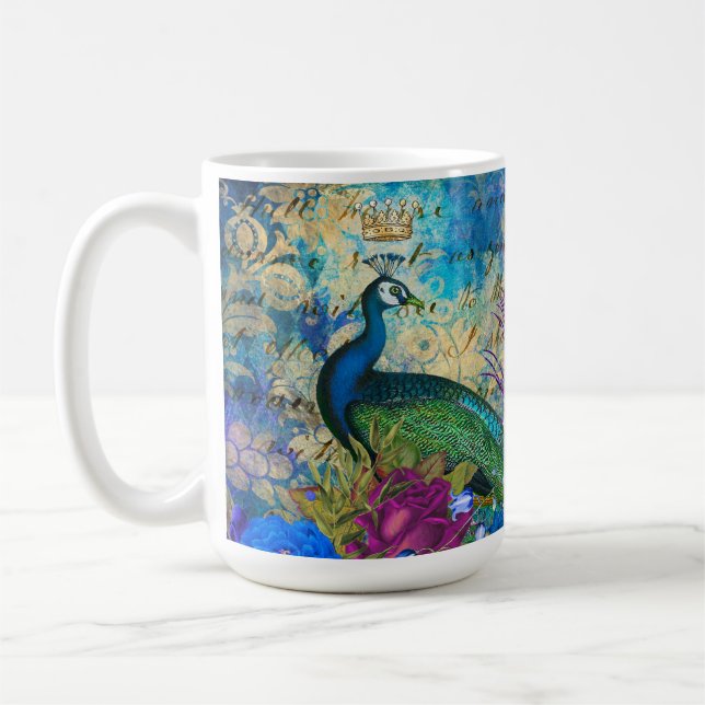 Antik illustrerad påfågel & blommor Grunge Kaffemugg (Vänster)
