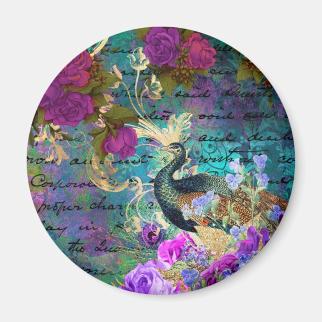 Antik illustrerad påfågel & blommor Grunge Magnet (Framsidan)