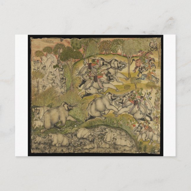 ANTIK INDIISK MÅLNING - KRIGFÖRANDE PÅ ELEFANTER VYKORT (Framsida)