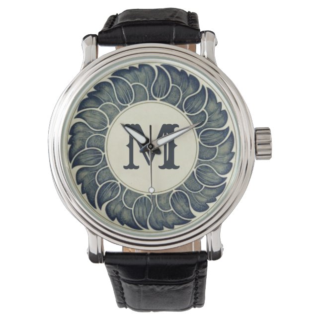 Antik japansk blad bläck konst monogram armbandsur (Framsida)