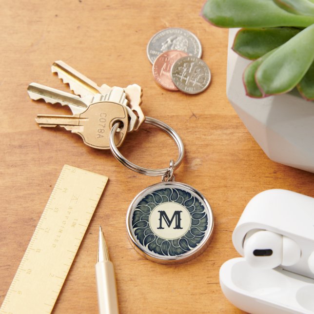 Antik japansk blad bläck konst monogram rund silverfärgad nyckelring (Skrivbord)