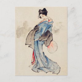 Antik japansk konst Kvinna i en Kimono Vykort