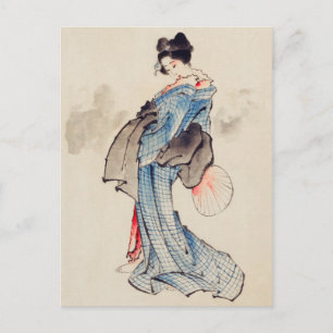 Antik japansk konst Kvinna i en Kimono Vykort