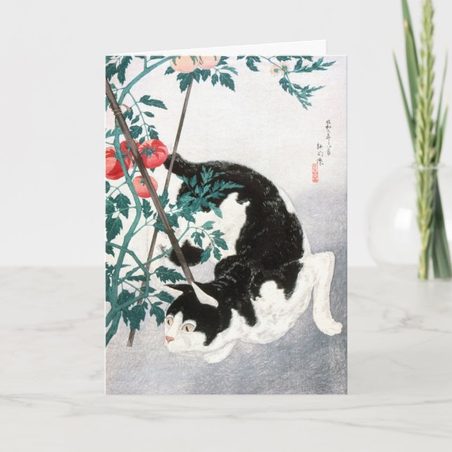 Antik Japansk Konst Svart Vit Katt Tomat Kort (Framsida)