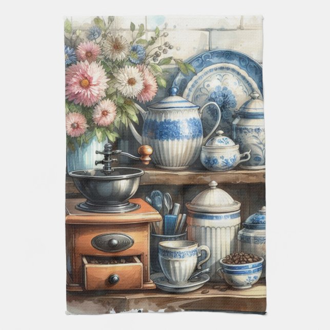 Antik kaffekopp krukplatta blå  kökshandduk (Vertikal)