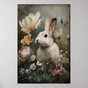 Antik kanin kanin blommönster, Påsk Poster