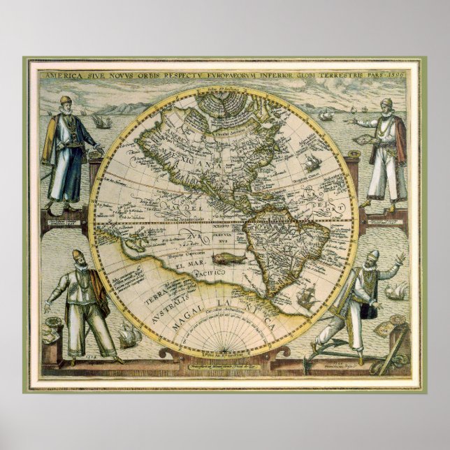 Antik karta, America Sive Novus Orbis, 1596 Poster (Framsidan)