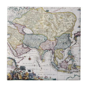 Antik karta av Asien   1696 Kakelplatta