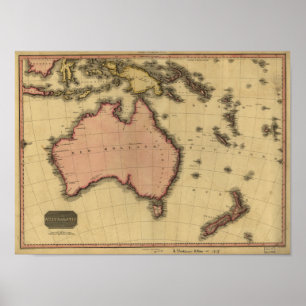 Antik karta av Australien och nyazeeländsk 1818 Poster