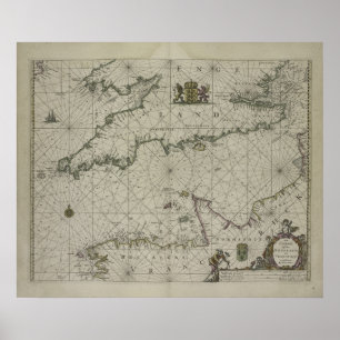 Antik karta av Channel, 1666 (färggravyr) Poster