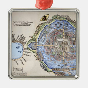 Antik karta av den Aztec huvudstaden Tenochtitlan Julgransprydnad Metall