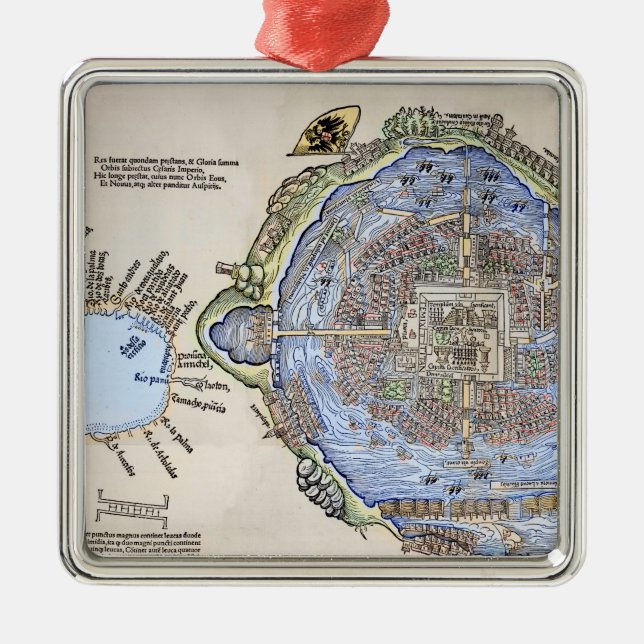 Antik karta av den Aztec huvudstaden Tenochtitlan Julgransprydnad Metall (Framsidan)