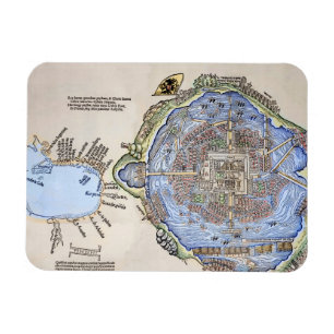 Antik karta av den Aztec huvudstaden Tenochtitlan Magnet