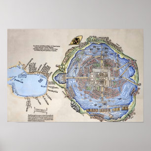 Antik karta av den Aztec huvudstaden Tenochtitlan Poster