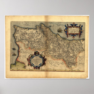 Antik karta av den Portugal ORTELIUS KARTBOKEN Poster
