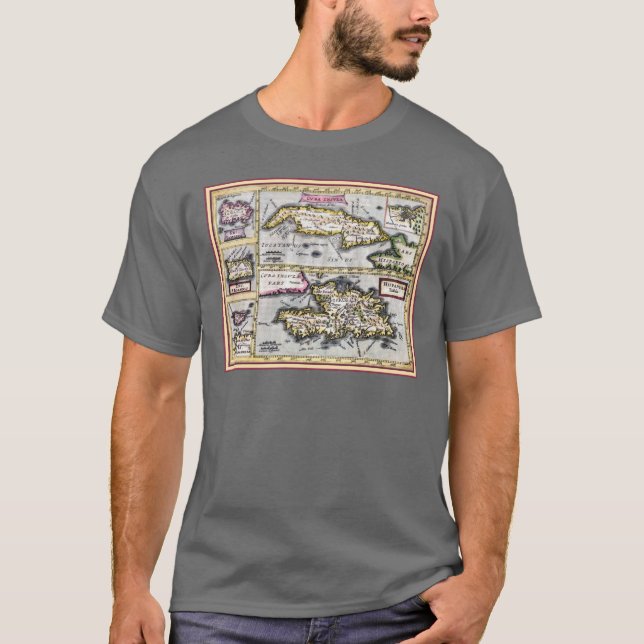Antik karta av Kuban, Haiti, Dominikanska T Shirt (Framsida)