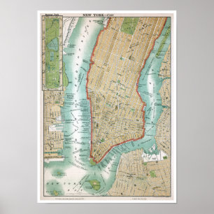 Antik karta av lägre Manhattan och Central Park Poster