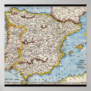 Antik karta av Spanien & Portugal circa 1700's Poster
