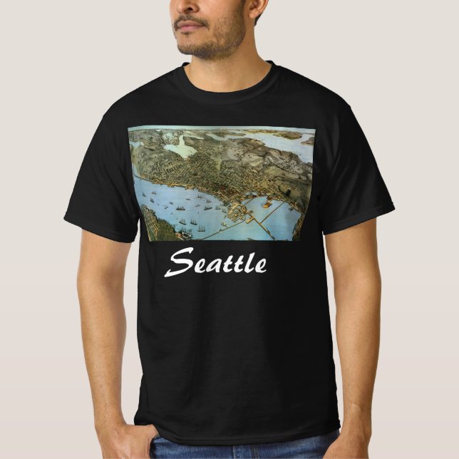 Antik karta Flygbild över staden Seattle Washingto Tee Shirt (Framsida)