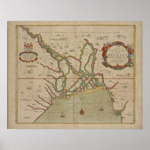 Antik karta Ganges River/Indien, affischtryck Poster