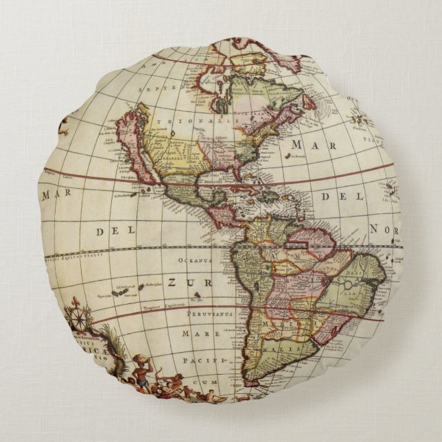 Antik karta över Amerika av Johannes De Ram Rund Kudde (Baksidan)