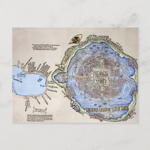 Antik karta över aztekernas huvudstad Tenochtitlan Vykort