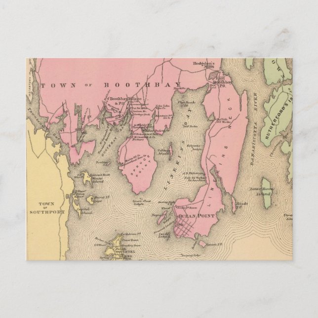 Antik karta över Boothbay Maine (1894) Vykort (Framsida)