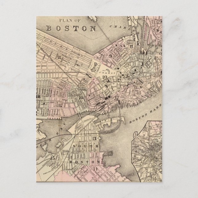 Antik karta över Boston (1880) Vykort (Framsida)