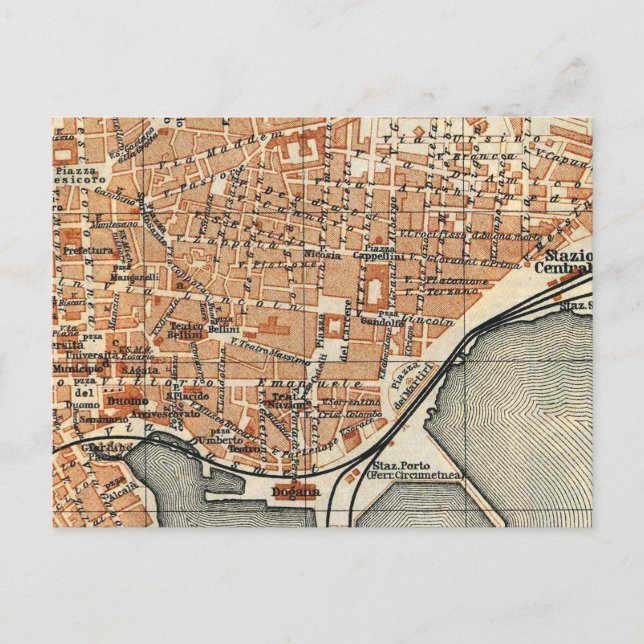 Antik karta över Catania Italien (1905) Vykort (Framsida)