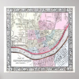 Antik karta över Cincinnati, 1864 Poster