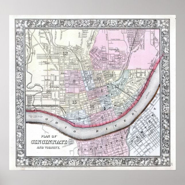 Antik karta över Cincinnati, 1864 Poster (Framsidan)