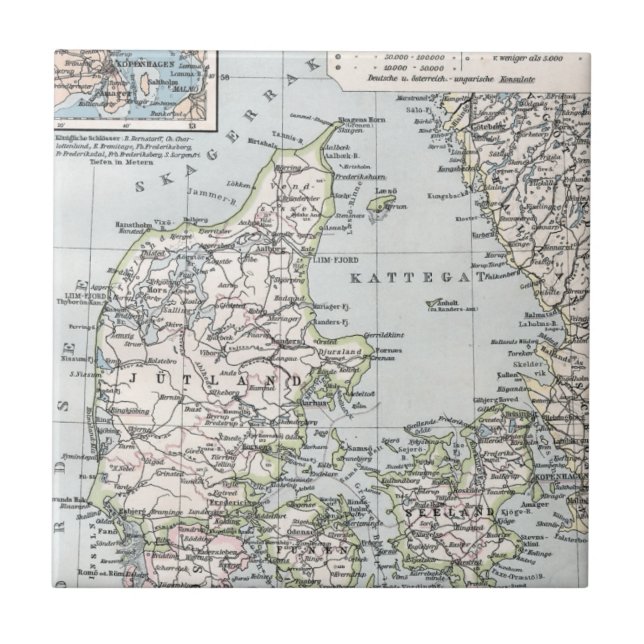 Antik karta över Danmark, Danmark på danska, 1905 Kakelplatta (Framsidan)