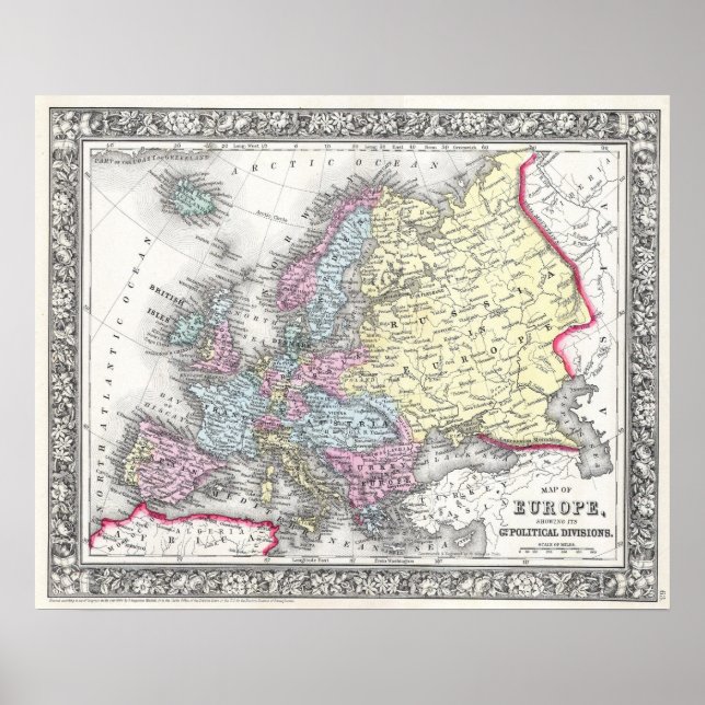 Antik karta över Europa, 1860 Poster (Framsidan)