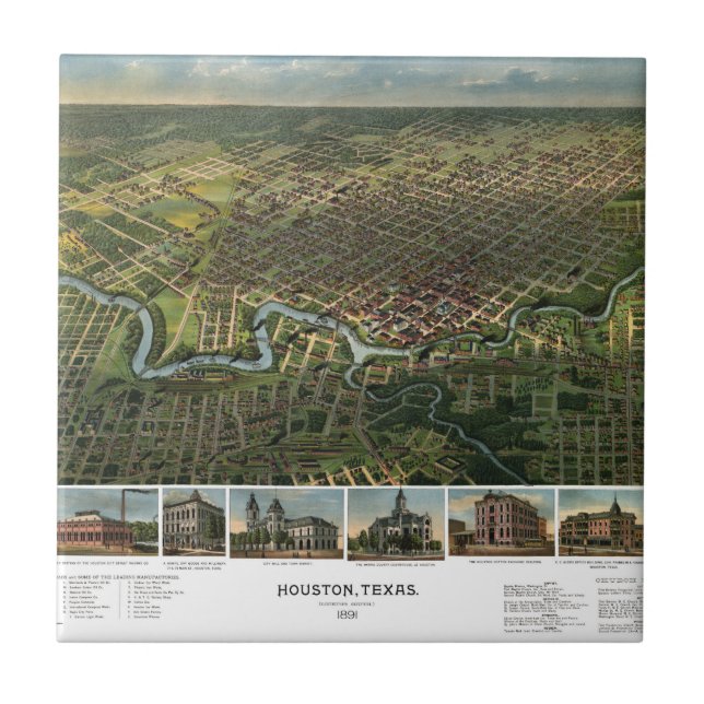 Antik karta över Houston, Texas med Buffalo River Kakelplatta (Framsidan)
