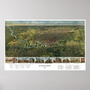 Antik karta över Houston, Texas med Buffalo River Poster