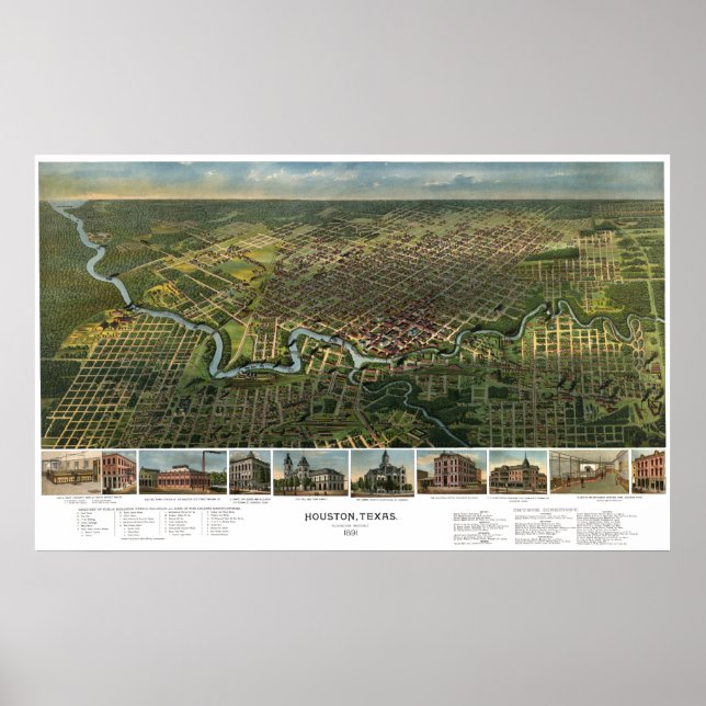 Antik karta över Houston, Texas med Buffalo River Poster (Framsidan)