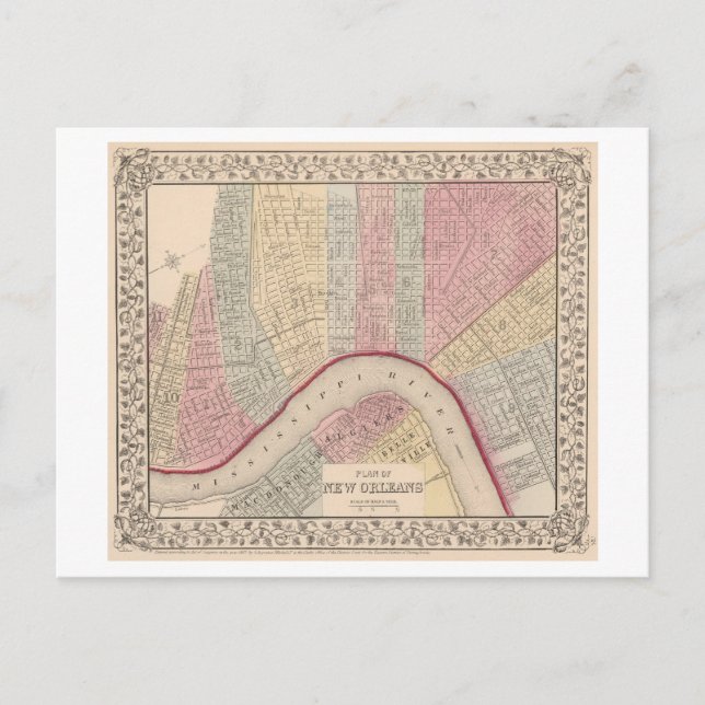 Antik karta över New Orleans från 1868 Vykort (Framsida)