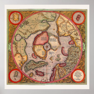 Antik karta över Nordpolen karta av Mercator Poster